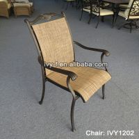 patio furniture metal cast aluminum chair in outdoor sling fabric with embellish armrest stackable dining chair #IVY1202