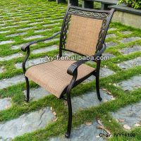outdoor metal furniture cast aluminum chair in outdoor sling fabric with embellish armrest stackable dining chair #IVY14106