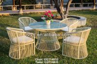 aluminum cane outdoor furniture white color PE rattan round dining table and chairs set with tempered glass