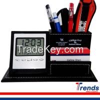 new products 2015 innovative deluxe desktop leather pen holder with clock