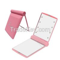 Rubber finished promotional compact mirror with 8pcs LED lights, 2X magnifier at one side