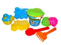 Set Nr.214: small decorated bucket, flower sieve, shovel Nr.2 rake Nr.2, 2 forms (truck +locomotive), small watering can Nr.3