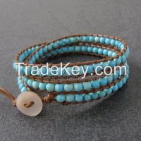 Leather rope knitted Gemstone beads bracelet for gifts