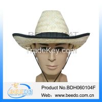 Cheap wide brim roll brim 100% kwai straw cowboy hat with black ribbon for male