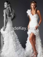 Most Popular Classical Style One Shoulder Diamonded Organza Short Front and Long Back Designer Wedding Gown
