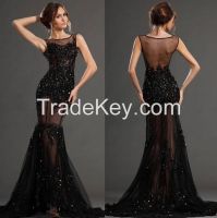 Most Sexy Popular 2015 See Through Black Appliques and Beading Mermaid Evening Gowns