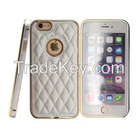 White metal frame with pu leather back phone case cover for iphone 6/6plus CO-MIX-9016