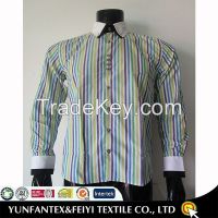 2015 latest shirt designs for men colorful stripe pattern with pruple check style cuffs