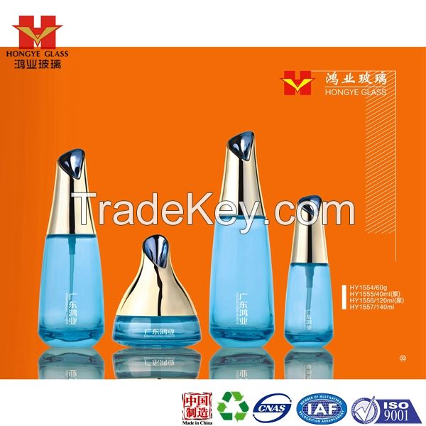 Luxury Packaging blue color empty cosmetic sets spray glass bottle with pump HY1554