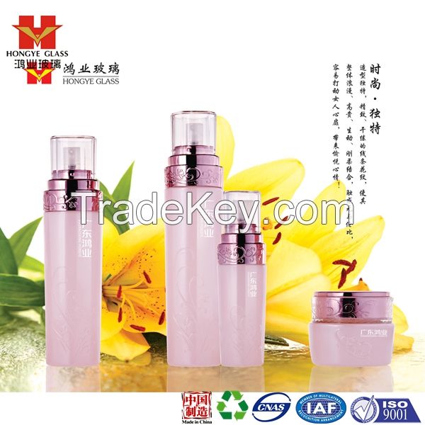 Luxury Packaging pink color empty cosmetic sets spray glass bottle with pump HY1614