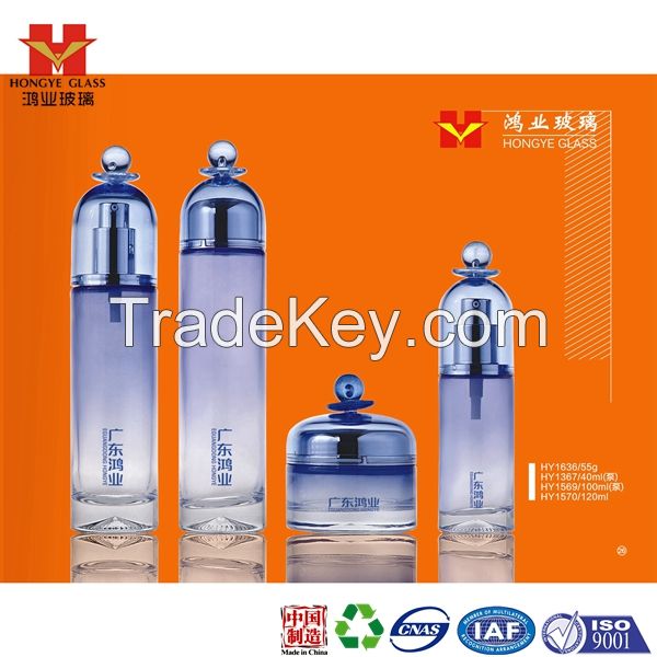 Fashion Packaging gradient blue color empty cosmetic sets spray glass bottle with pump HY1636