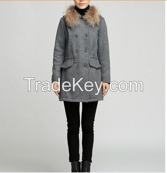 Long section raccoon fur collar hooded woolen coat