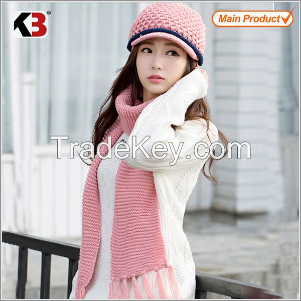 2015 Fashion plain 100% cotton winter hats shawl knitted scarf lady