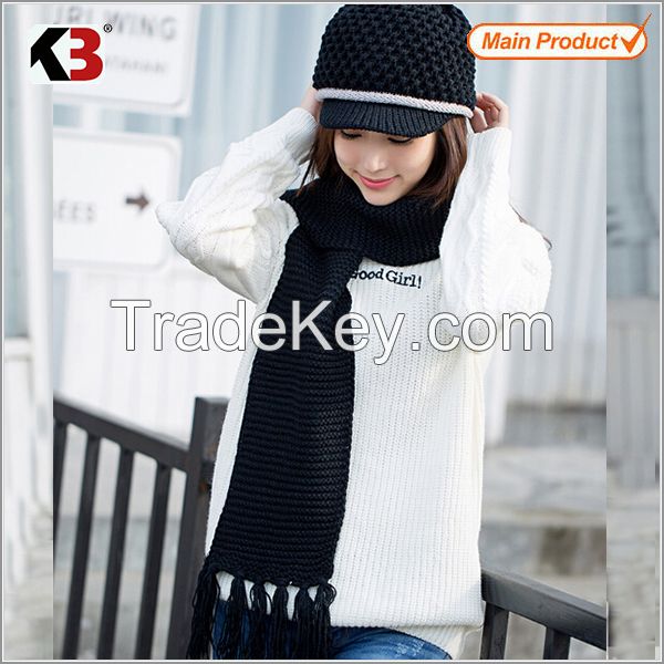 2015 Fashion plain 100% cotton winter hats shawl knitted scarf lady