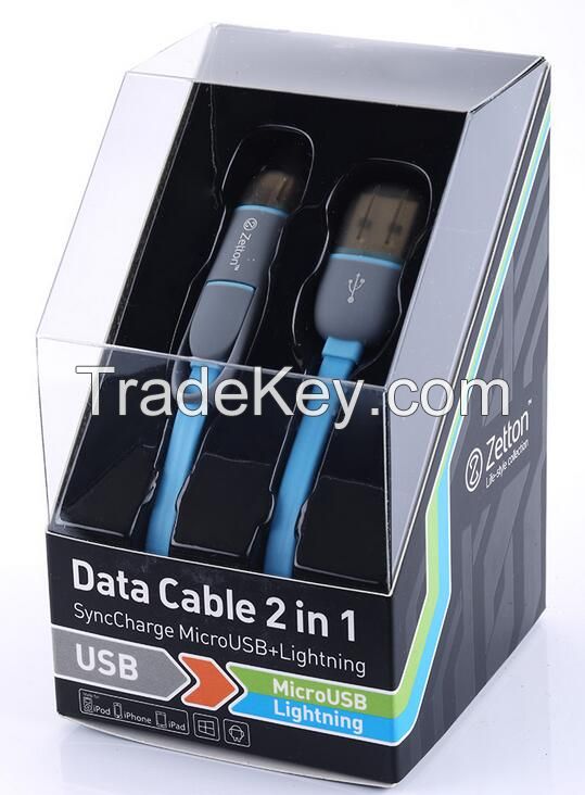 2 in 1 Data Cable with flat wire USB to Micro and  iphone ipad