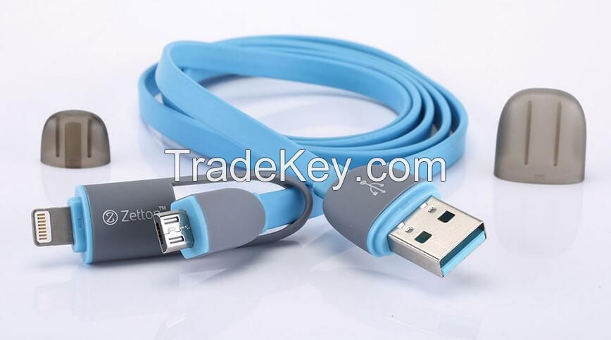2 in 1 Data Cable with flat wire USB to Micro and  iphone ipad