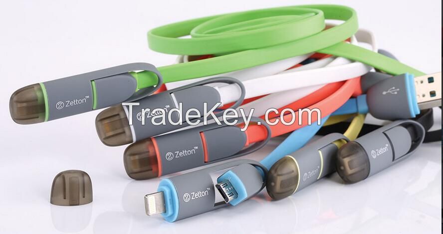 2 in 1 Data Cable with flat wire USB to Micro and  iphone ipad