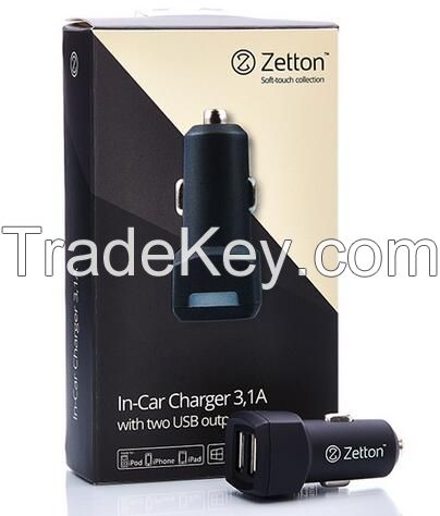 zetton mini usb soft touch In-Car charger 3.1A + 2USB