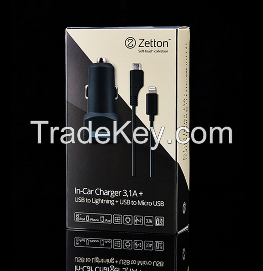 zetton hot sale In-Car charger 3.1A + 2USB + 2 Cables for smartphones and ipad