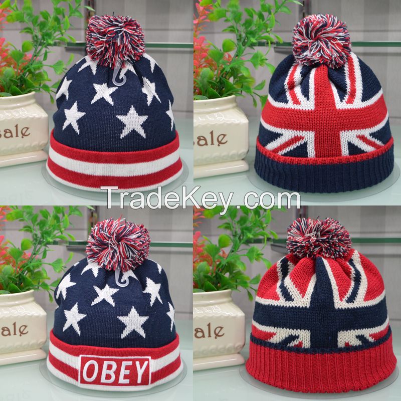 knit USA flag beanie skull ski pom pom hats