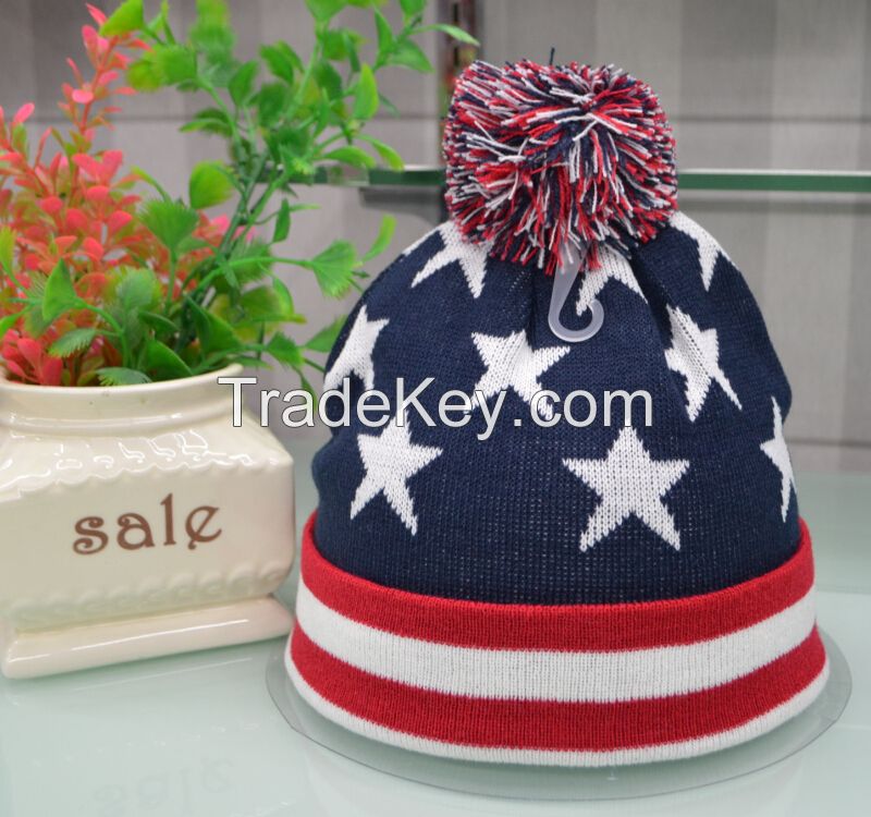 knit USA flag beanie skull ski pom pom hats