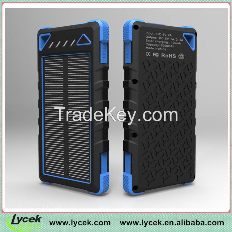 Superior quality 8000mah waterproof solar power bank, solar cellphone charger For iPhone