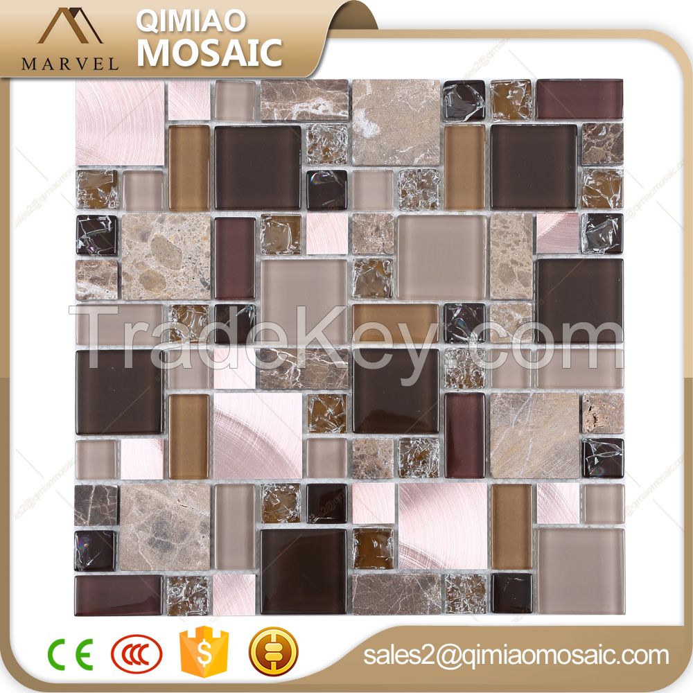 Marble Wall Tile Mixed Brushed Aluminium Ice Crackle Crystal Glass Mosaic