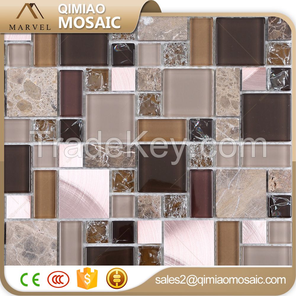 Marble Wall Tile Mixed Brushed Aluminium Ice Crackle Crystal Glass Mosaic 