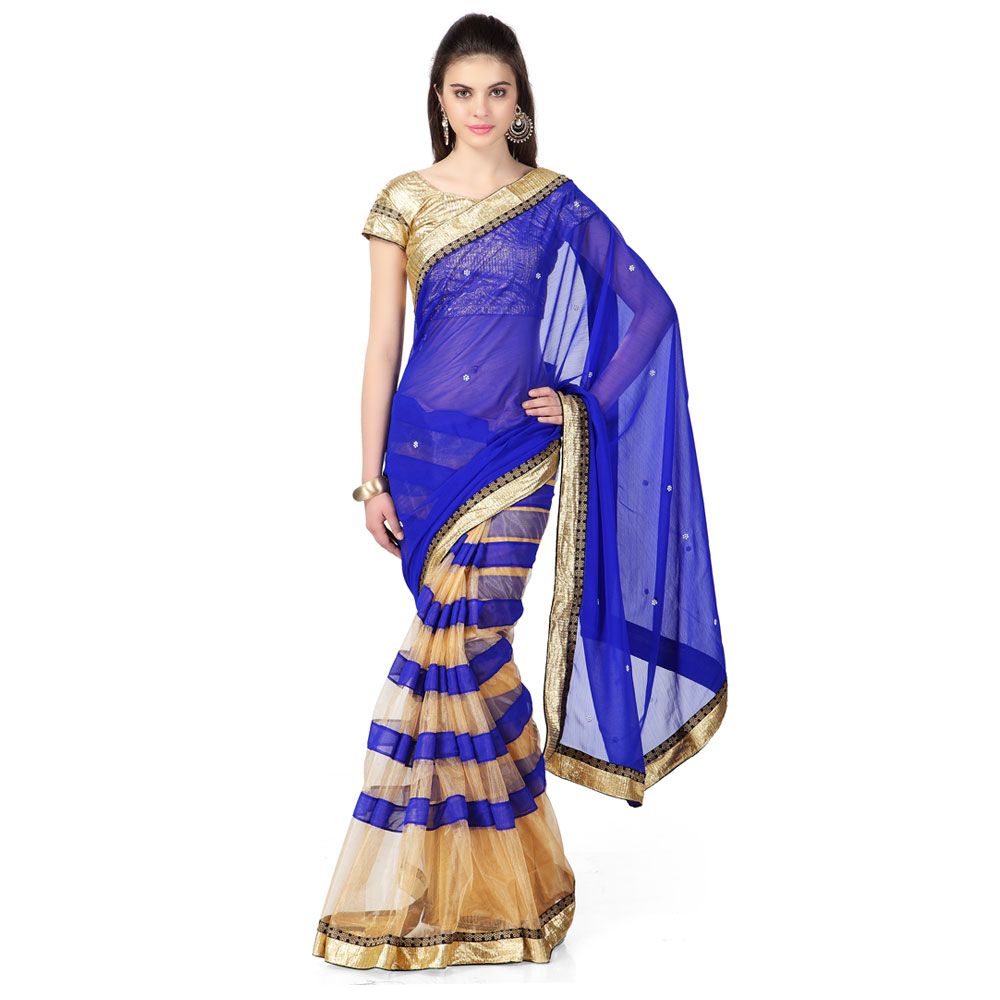 Designer Blue Net Half Half Party Wear Saree with Border