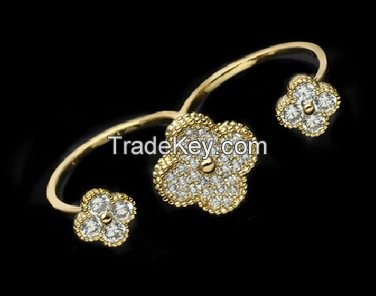 Gold CZ Flower Two Finger Ring