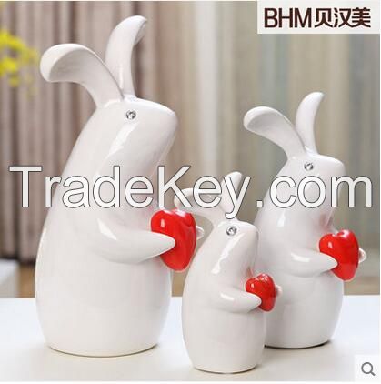 lovely family white red heart glazed rabbit for home furniture for gifts