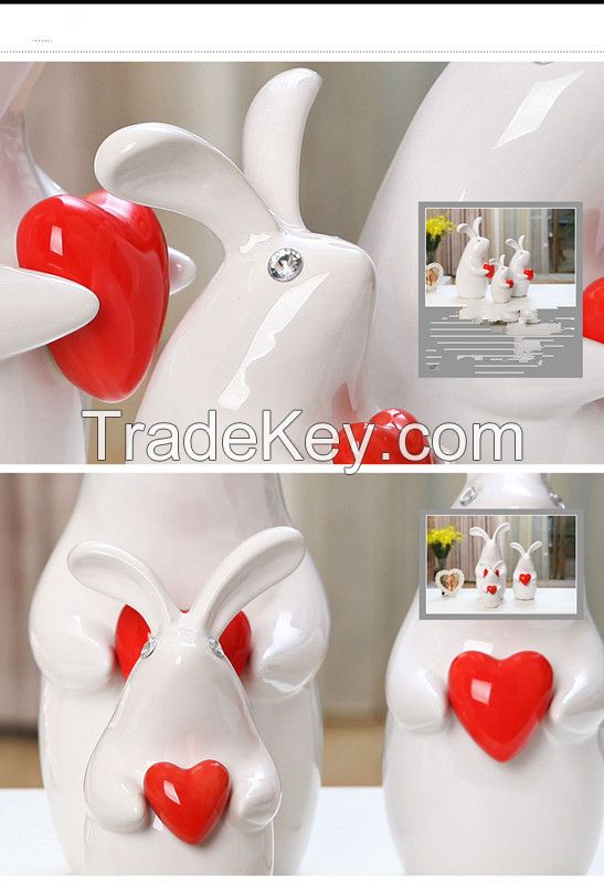 lovely family white red heart glazed rabbit for home furniture for gifts