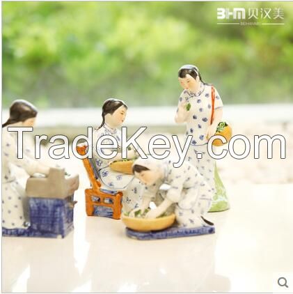 traditional chinese lady pick tea leave blue and white human figure for deco or present