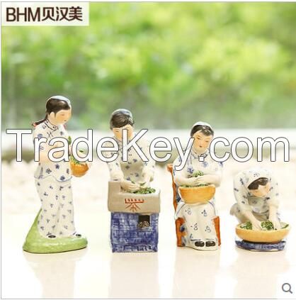 traditional chinese lady pick tea leave blue and white human figure for deco or present