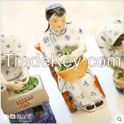 traditional chinese lady pick tea leave blue and white human figure for deco or present