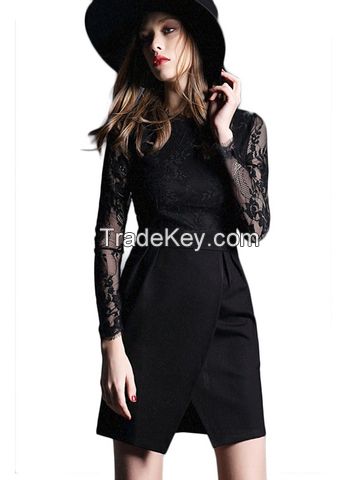 Lace Patchwork Long Sleeve Stand Collar Split Dress - US$ 32.99