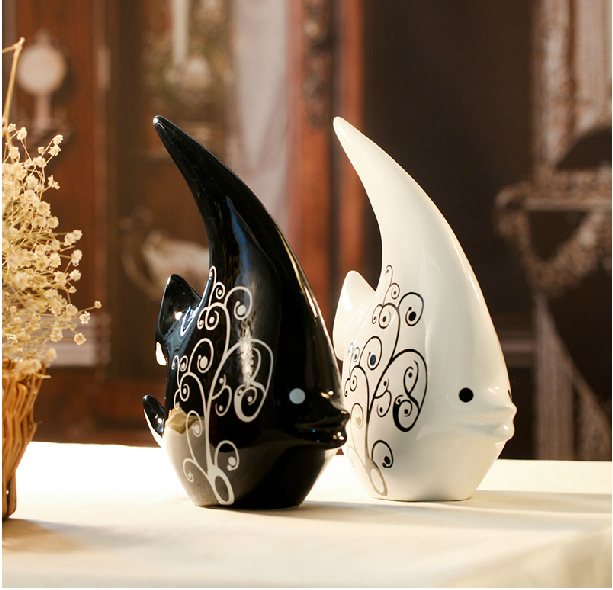 Pottery Kissing Fish decoration white & black 2 pieces/Set ceramic home decoration