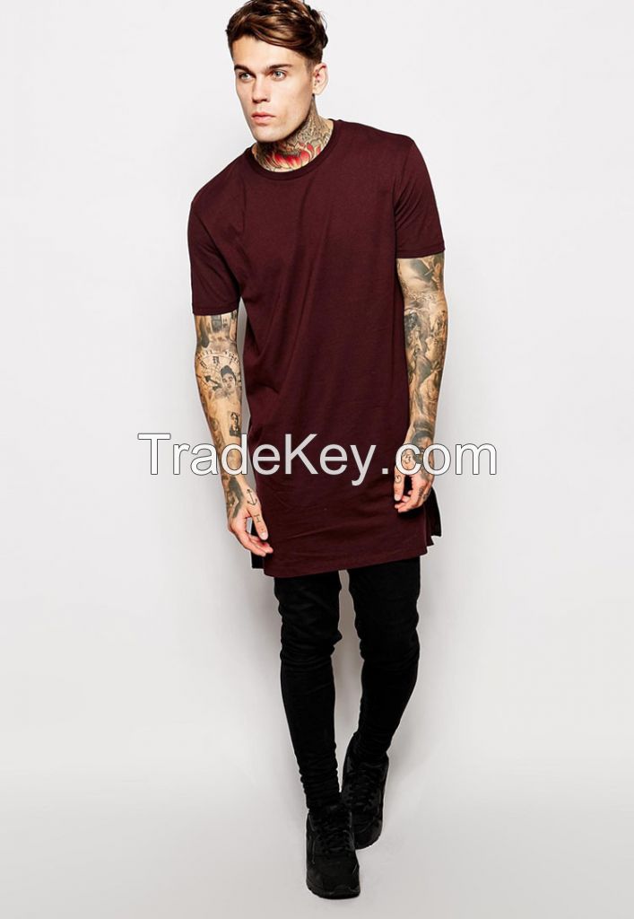 2015 hot sale fashion plain elongated t shirt men with side zipper