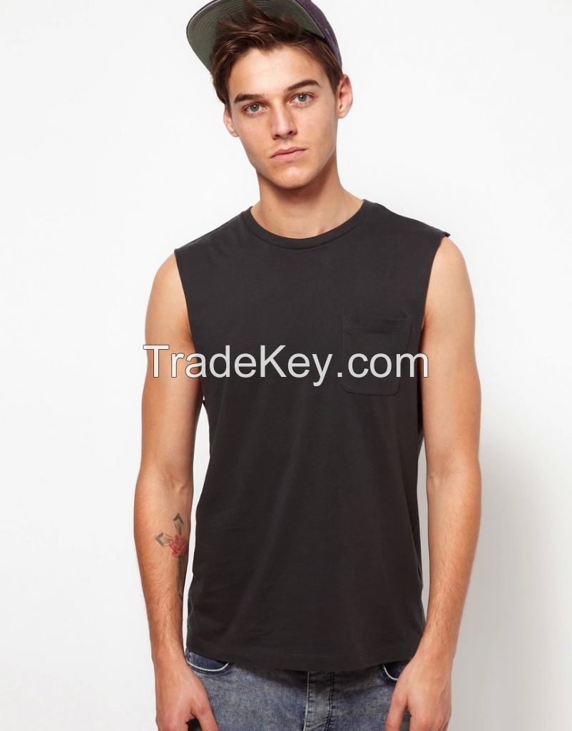 black cotton pocket sleeveless tank top for men