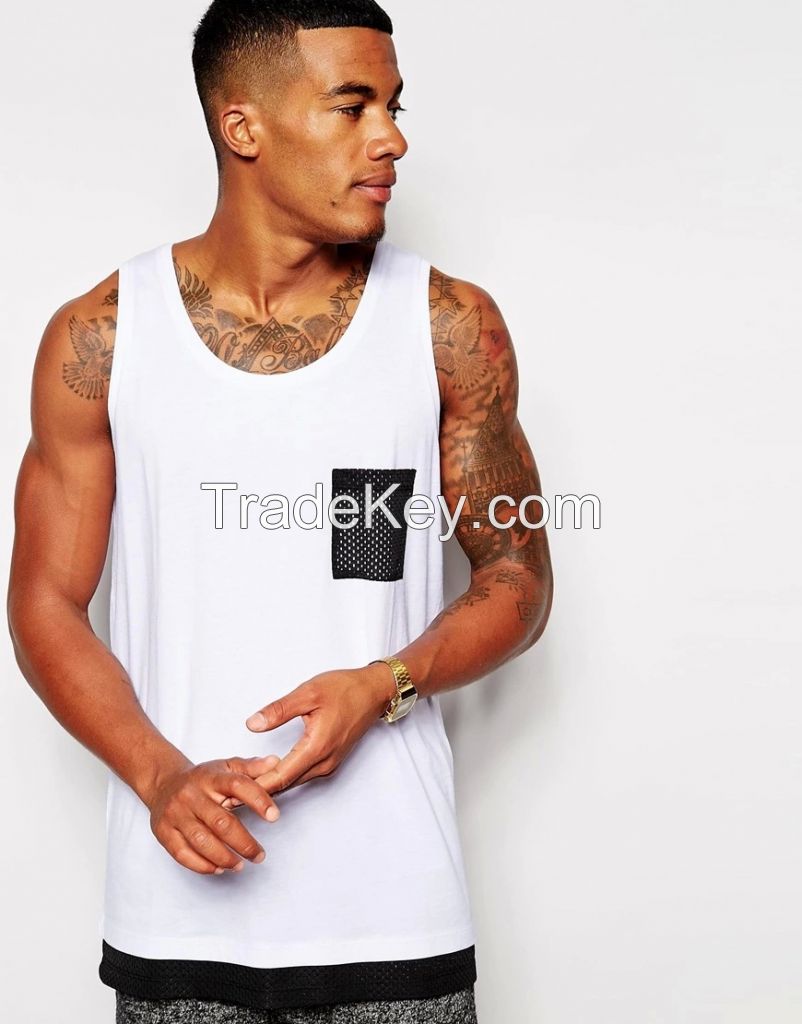 men's cotton tank top custom with mesh black pocket