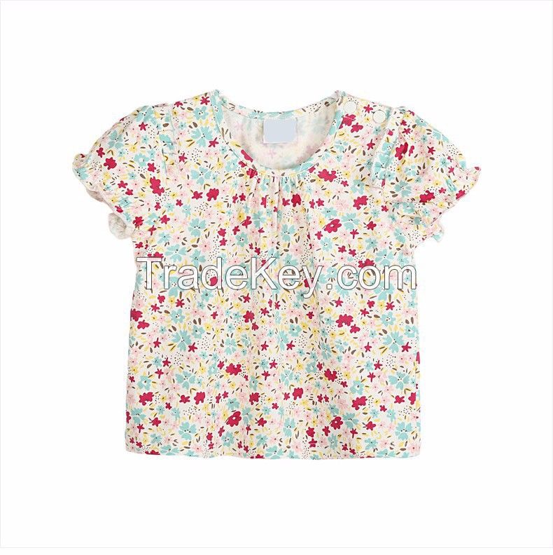 Fashion Summer Girls 100%Cotton T Shirt Floral Printed Puff Sleeve Baby Frock Designs