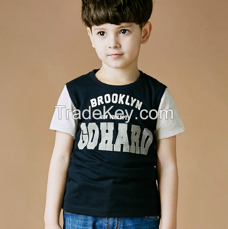 2015 latest designs short sleeve round neck pure cotton printed splice boys t shirt fashion kids clothes