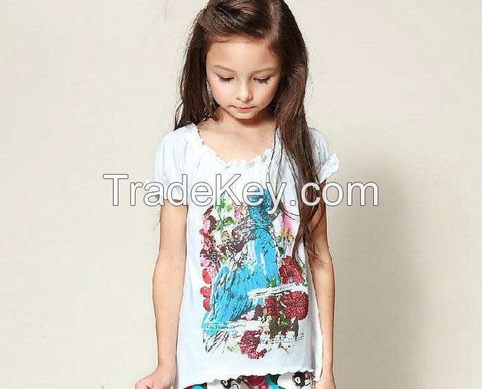 High Quality Fashion Children Girls Clothes In Summer Funcy Printed White T Shirt