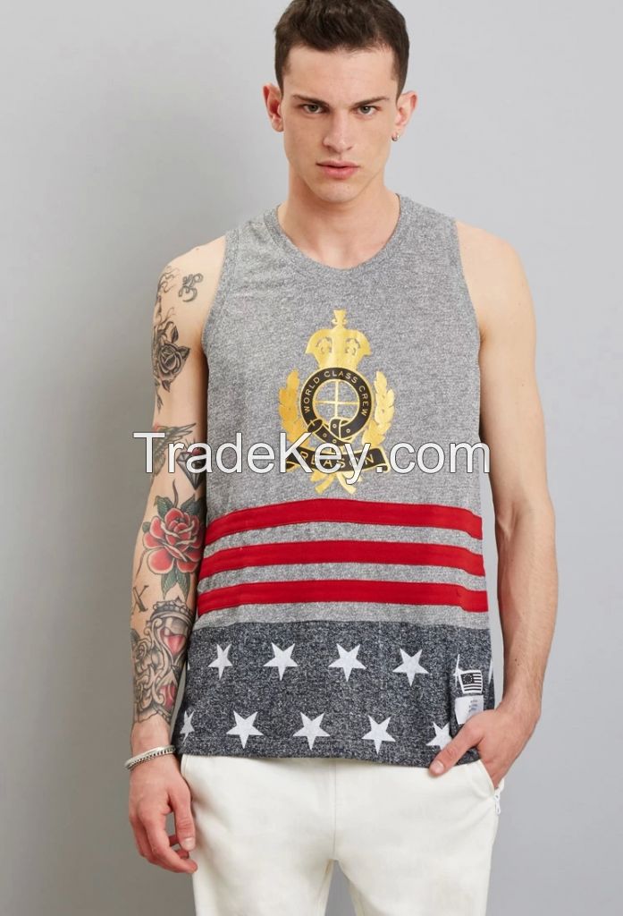 newest fashion designer printed men's deep cut gym tank top