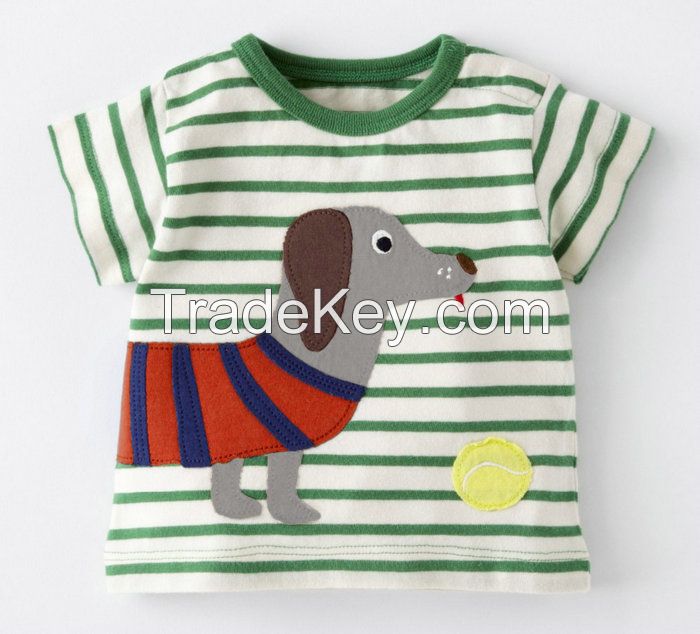 2015 Good quality 100% Cotton Tops kids Clothing Applique O-neck Stripe Cartoon boy's t shirt