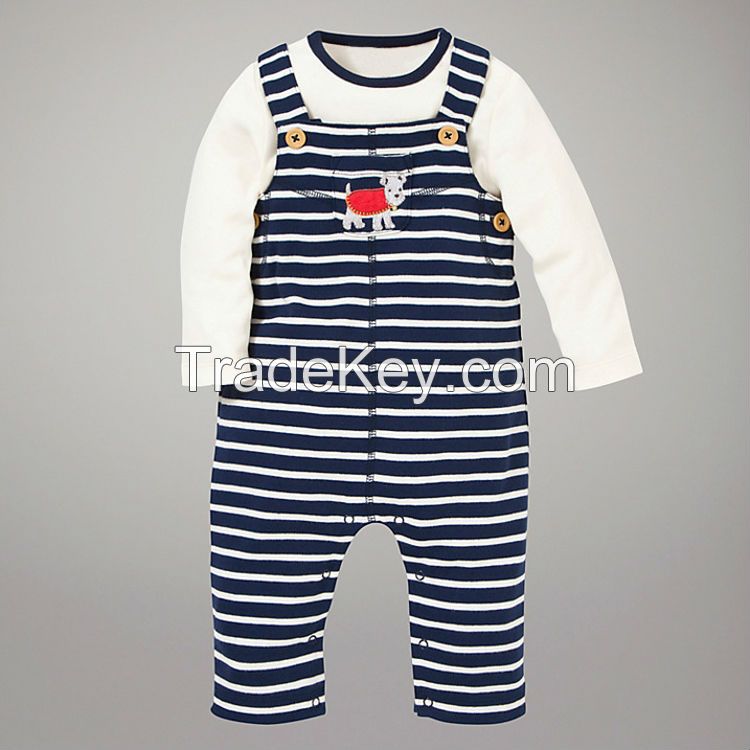 baby clothing set plain white long sleeve t shirt and striped overalls