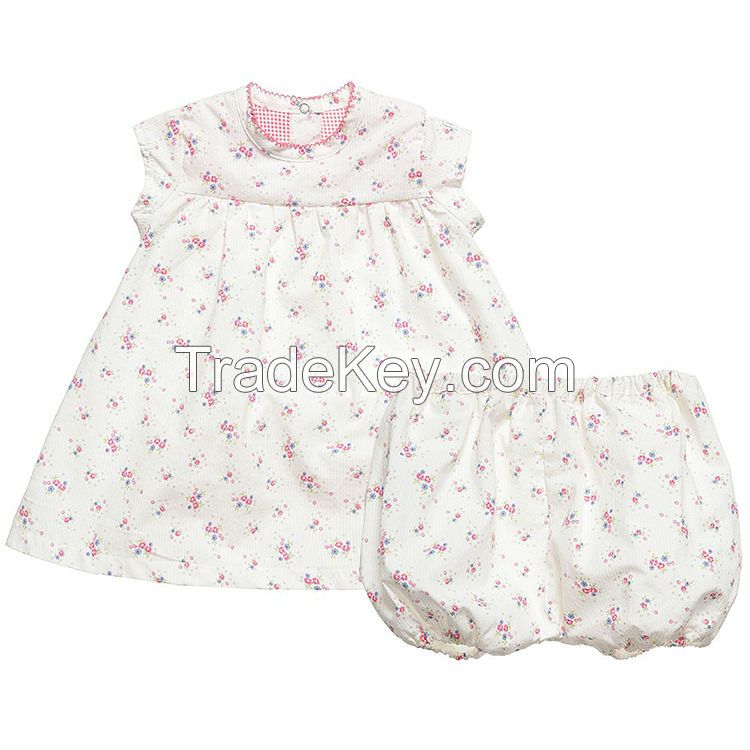 fashion baby girls clothing set with floral short sleeve dress and bloomers