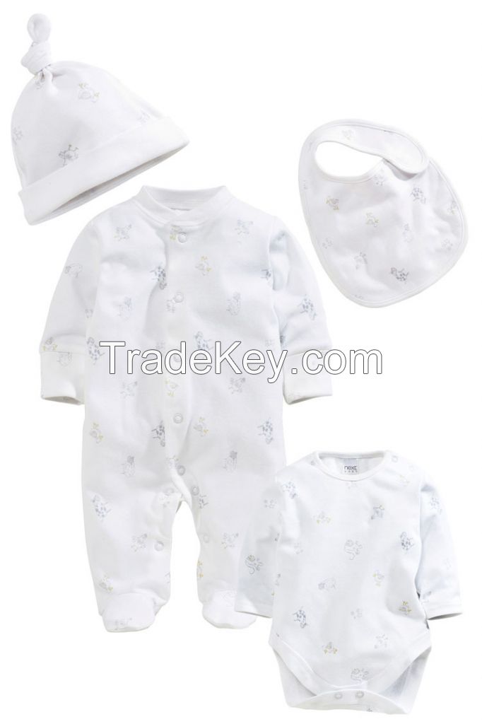 wholesale newborn clothing sets soft high quality custom print baby romper set with bib and hat