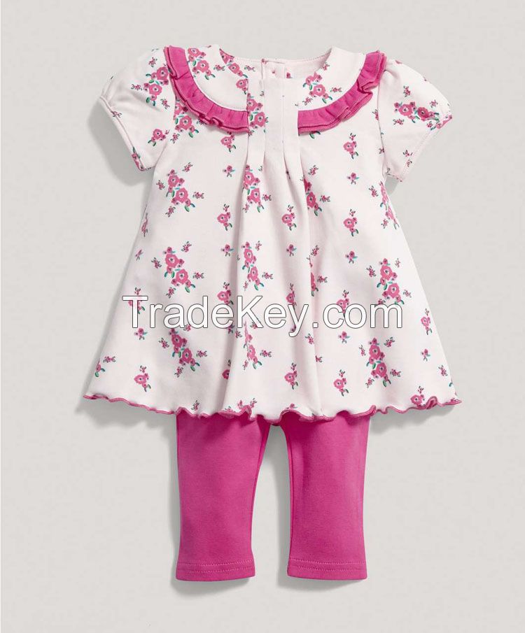 cute baby girls clothing sets with over printed floral frill neckline cap short sleeve dress and blank pant