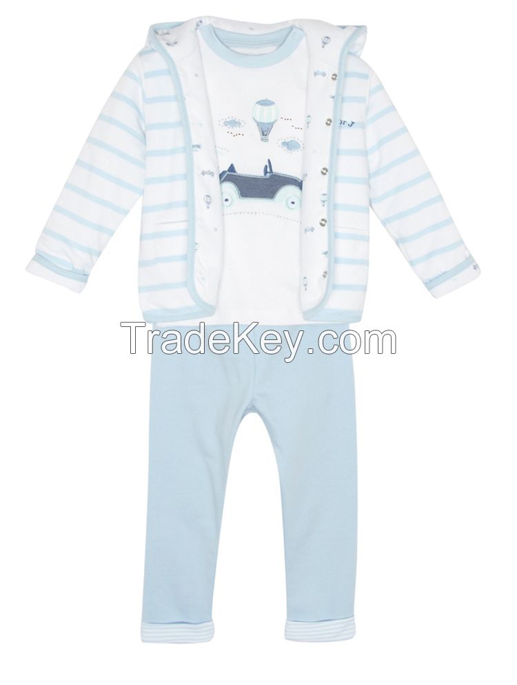 wholesale cotton cute baby printed 3pc set,striped jacket, white printed t shirt and blank blue pants